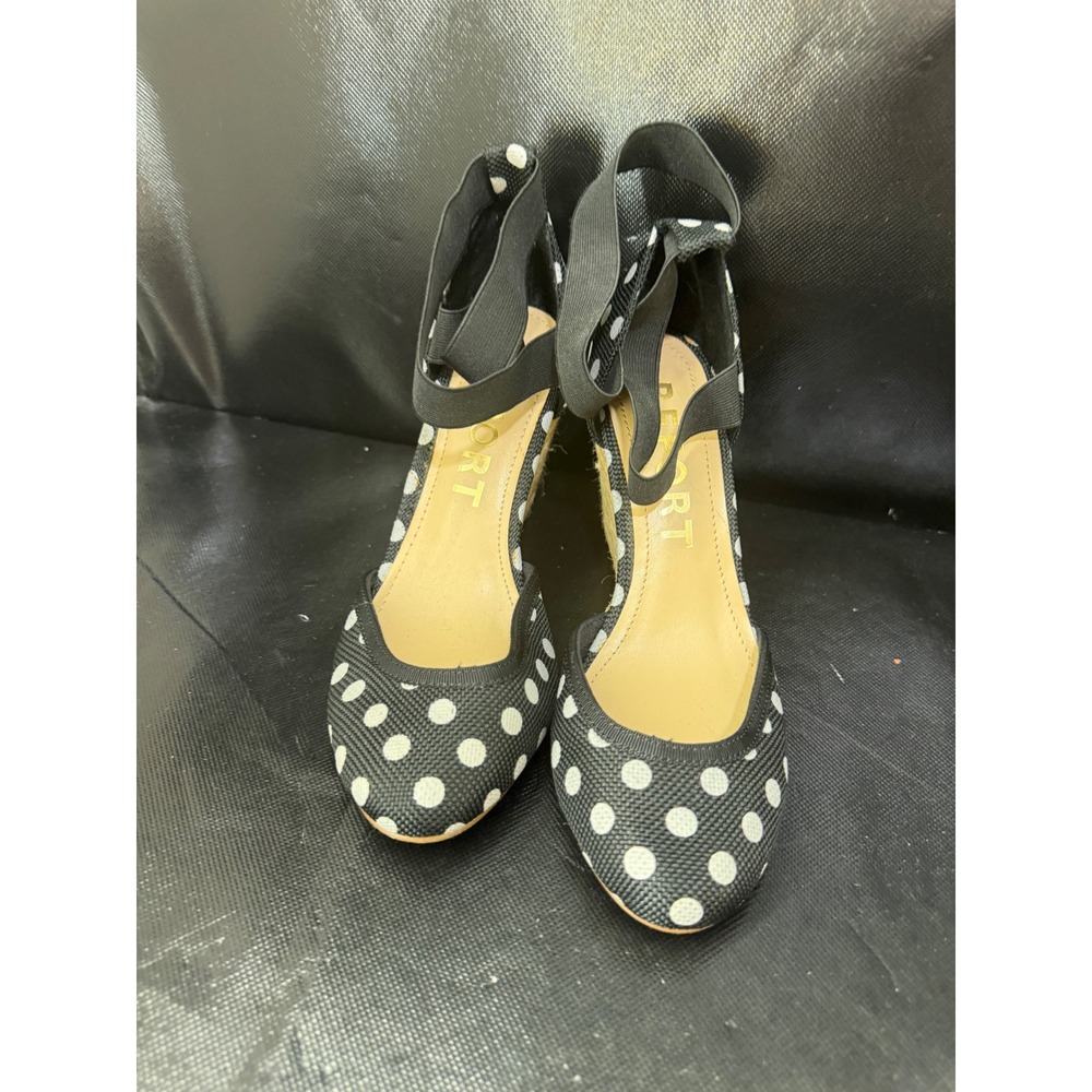 Report Antonella Polka‎ Dot Espadrille Wedge Sandals Black White Womens 6.5